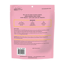 Bac'N Nutty dog treat bag back panel with ingredients and feeding info