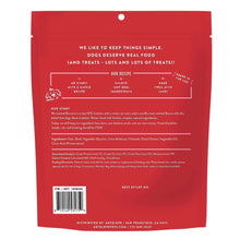 Dog treat pouch back with recipe, ingredients, and feeding directions