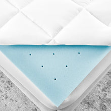 Blue memory foam layer mattress topper with perforation dots under white cover