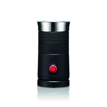 Black electric milk frother with stainless top and red power button