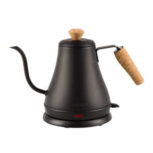 Electric gooseneck kettle, matte black with cork handle and curved spout