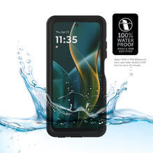 Black waterproof phone case with clear screen cover, front view