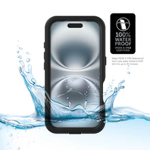 Waterproof iPhone 16 case with black border and clear front panel