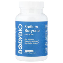 BodyBio Sodium Butyrate capsules bottle, blue label front, 60 count