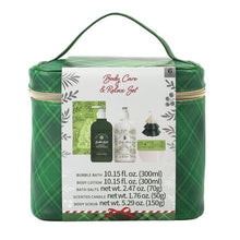 Green plaid travel pouch with front label showing bubble bath, lotion, salts, candle, scrub