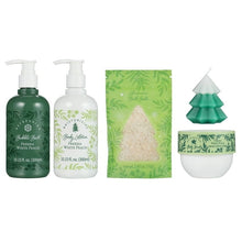 Two pump bottles, bath salts pouch, and green tree-shaped scented candle included set