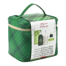 Green plaid zipper travel set pouch labeled Body Care & Relax Set with body care items