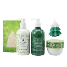 Body care set bottles with bath salts pouch and green tree-shaped scented candle
