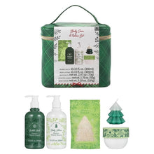 Green plaid body care travel set bag with bubble bath, lotion, bath salts, candle, scrub