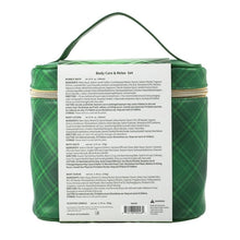 Green plaid body care travel set bag with back label panel and zipper