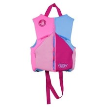 Kids life jacket PFD with pink and blue panels, front zip and adjustable straps