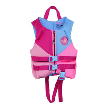 Child PFD life jacket with pink and blue panels, front zipper, buckle straps