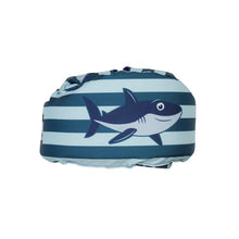 Shark-pattern kids life vest in blue and white stripes, foam arm floats attached
