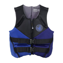 Youth life jacket PFD, blue and black, front zipper and life-saving hand emblem