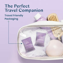 Travel pouch holding lavender shower steamer tablets, purple sachets and round tablet