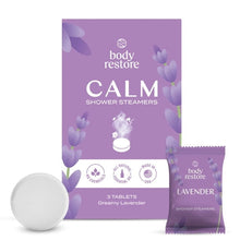 Lavender shower steamer tablets pack with lavender sachet and round white tablet