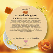 Bodycology caramel indulgence label, no parabens and no phthalates, cruelty-free badge