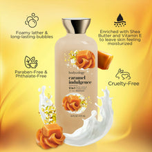 Bodycology caramel indulgence 2-in-1 body wash & bubble bath bottle with benefit icons