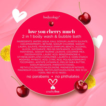 Red bodycology body wash top circle label with ingredient list and cruelty-free badge