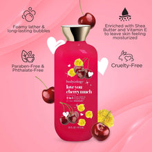 Red bodycology body wash bottle with silver cap, cherry label and bubble icons