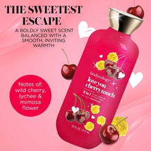 Red bodycology body wash bottle with silver cap and 'THE SWEETEST ESCAPE' headline