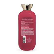 Red bodycology body wash bottle back label with silver cap, barcode and ingredient text