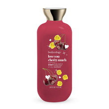 Red bodycology body wash bottle with silver cap, cherry and yellow flower graphics