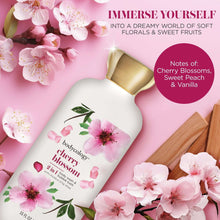 2-in-1 body wash & bubble bath bottle with cherry blossom label and pink floral graphics