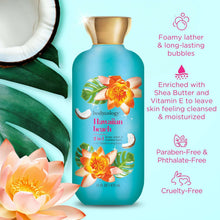 Turquoise body wash bottle with gold cap, floral label, and bubble icons