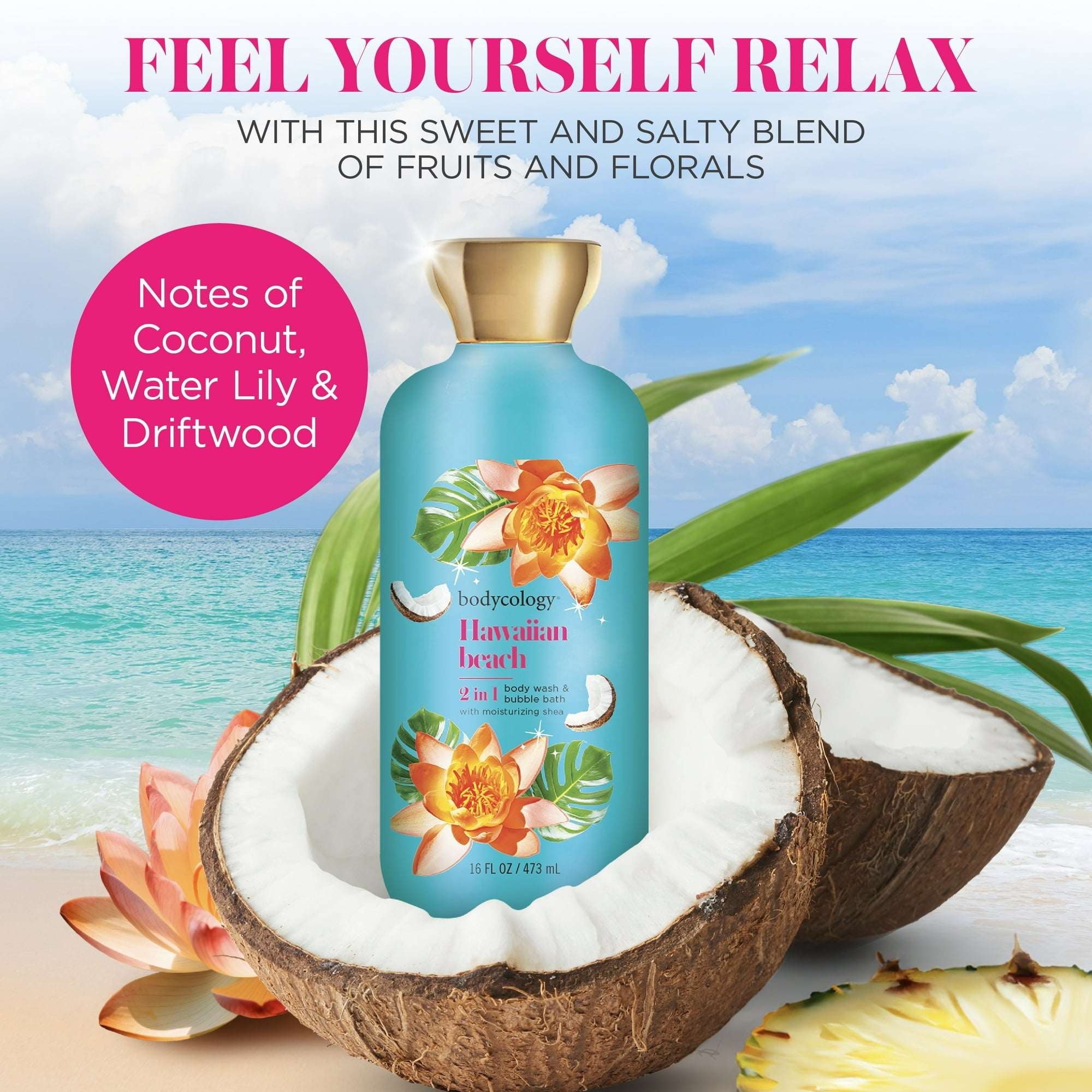 Bodycology Hawaiian Beach 2-in-1 Body Wash & Bubble Bath, 16 fl oz