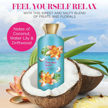 Front view turquoise body wash bottle with gold cap and Hawaiian flower label