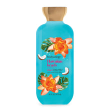 Turquoise body wash and bubble bath bottle with Hawaiian flower label