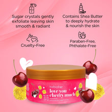Bodycology cherry exfoliating sugar scrub jar with benefit and certification icons
