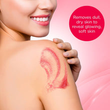 Bodycology cherry exfoliating sugar scrub on skin with jar shown in corner
