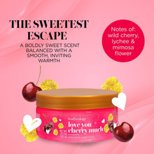 Bodycology cherry-themed exfoliating sugar scrub jar with gold lid