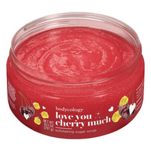 Bodycology exfoliating sugar scrub jar with open top and visible red scrub