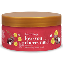 Bodycology exfoliating sugar scrub jar with cherry red label and gold lid