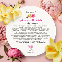 Pink vanilla wish body cream ingredient info panel on product packaging