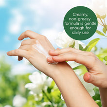 Body cream application on hands with Bodycology pure white gardenia tube