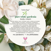 Bodycology pure white gardenia body cream ingredients circle, white tube with orange cap