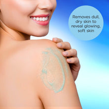 Exfoliating sugar scrub swipe on shoulder skin, smooth texture effect