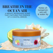 Bodycology resting beach face exfoliating sugar scrub jar with orange lid, blue label
