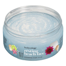 Bodycology resting beach face sugar scrub jar with orange lid, blue label front