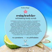 Bodycology resting beach face ingredient seal, jar behind with orange lid