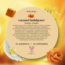 Bodycology caramel indulgence body cream ingredients label on the back of a beige squeeze tube