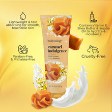 Bodycology caramel indulgence body cream tube with lotion splash and caramel cube accents