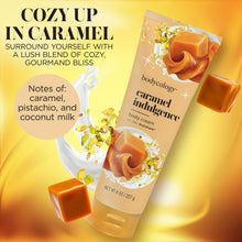 Bodycology caramel indulgence body cream tube with caramel cubes and caramel swirl graphic