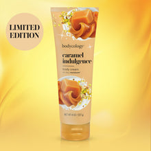 Bodycology caramel indulgence body cream squeeze tube in golden beige with caramel swirl graphic