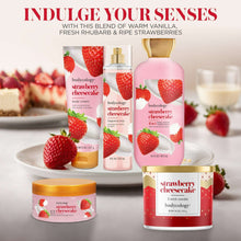 Bodycology strawberry cheesecake product set with jars, bottles, and gold caps