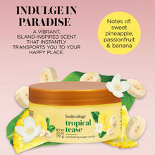 Bodycology Tropical Tease exfoliating sugar scrub jar with tropical fruit and flower accents.
